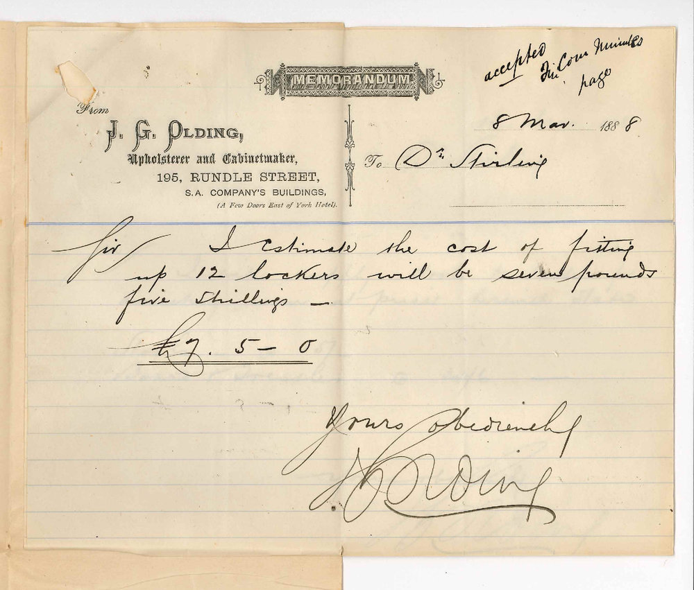 J G Olding - Rundle Street Adelaide - Tender for Lockers and Dissecting Tables