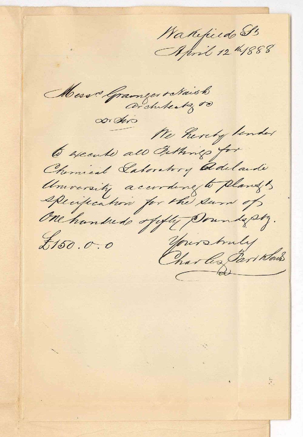 Charles Farr and Sons - Wakefield Street Adelaide - Tender for Fittings in Chemical Laboratory