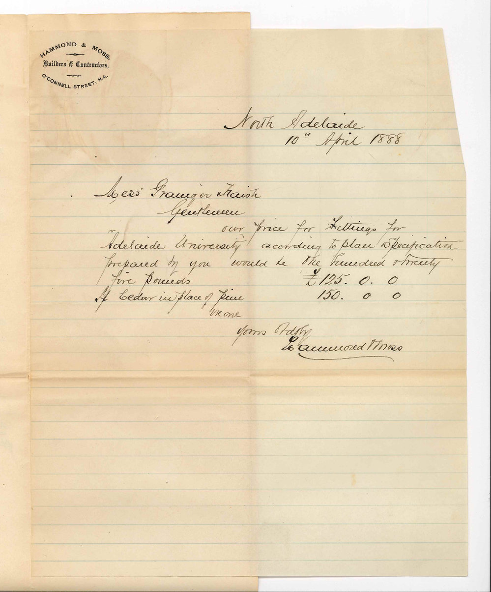 Messrs Hammond and Moss - North Adelaide - Tender for Fittings for the Chemical Laboratory