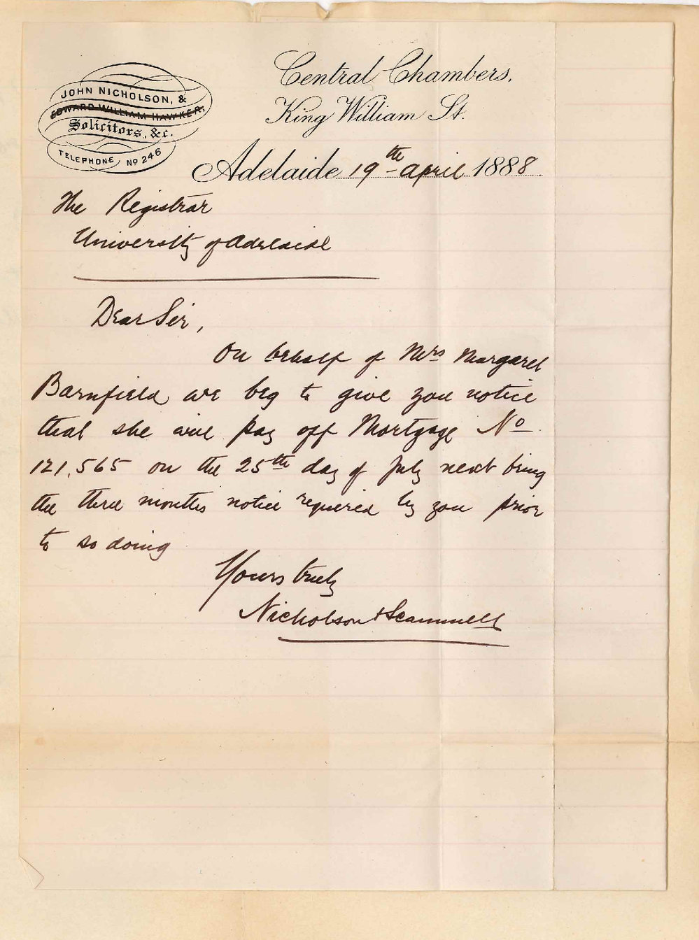 Nicholson and Scammell - King William Street Adelaide - Mrs Margaret Barnfield to Pay Off Mortgage on Gray's Late Property