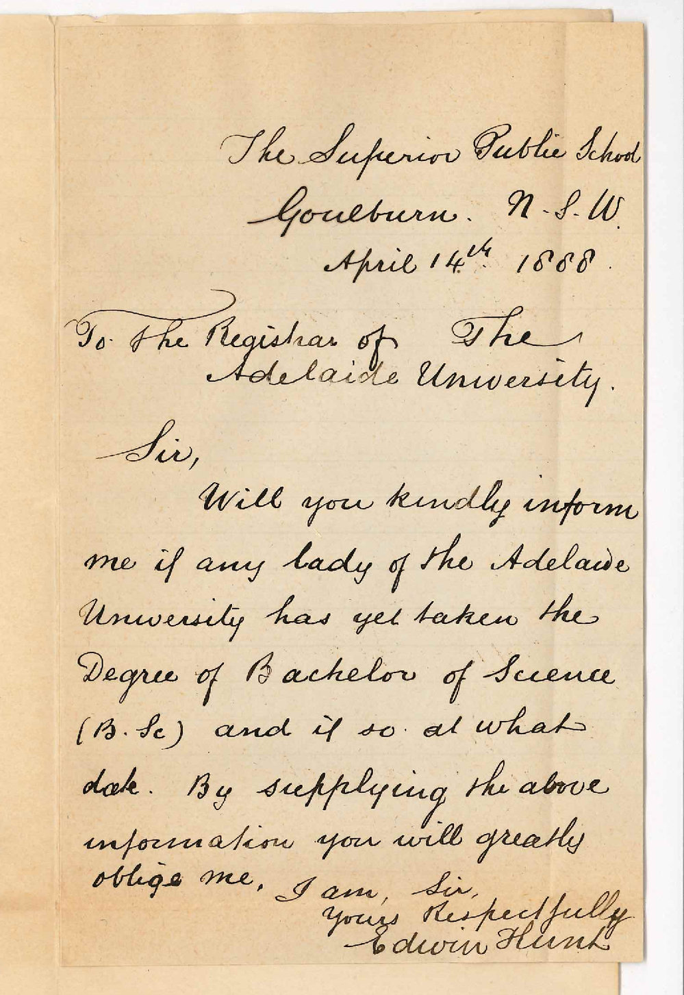 Edwin Hunt - Goulburn NSW - Asking if Any Lady Has Taken BSc Degree in this University