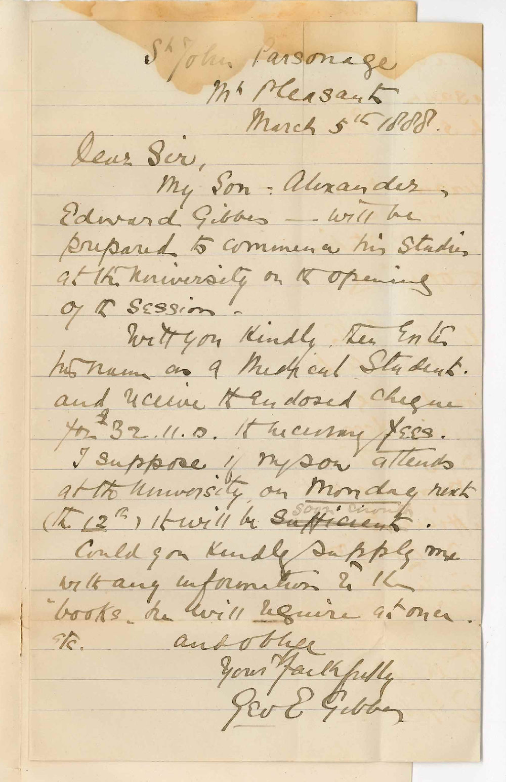 Reverend George E Gibbs - Mount Pleasant - Entering Son as a Medical Student