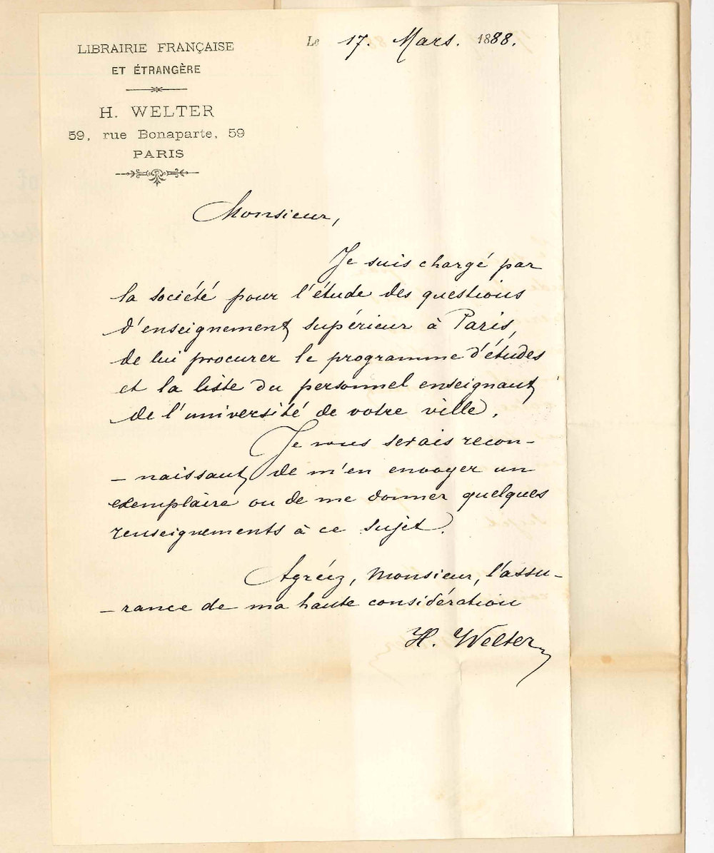 Monsieur H Welter - Librairie Francaise - Paris - Asking for Information Regarding University of Adelaide