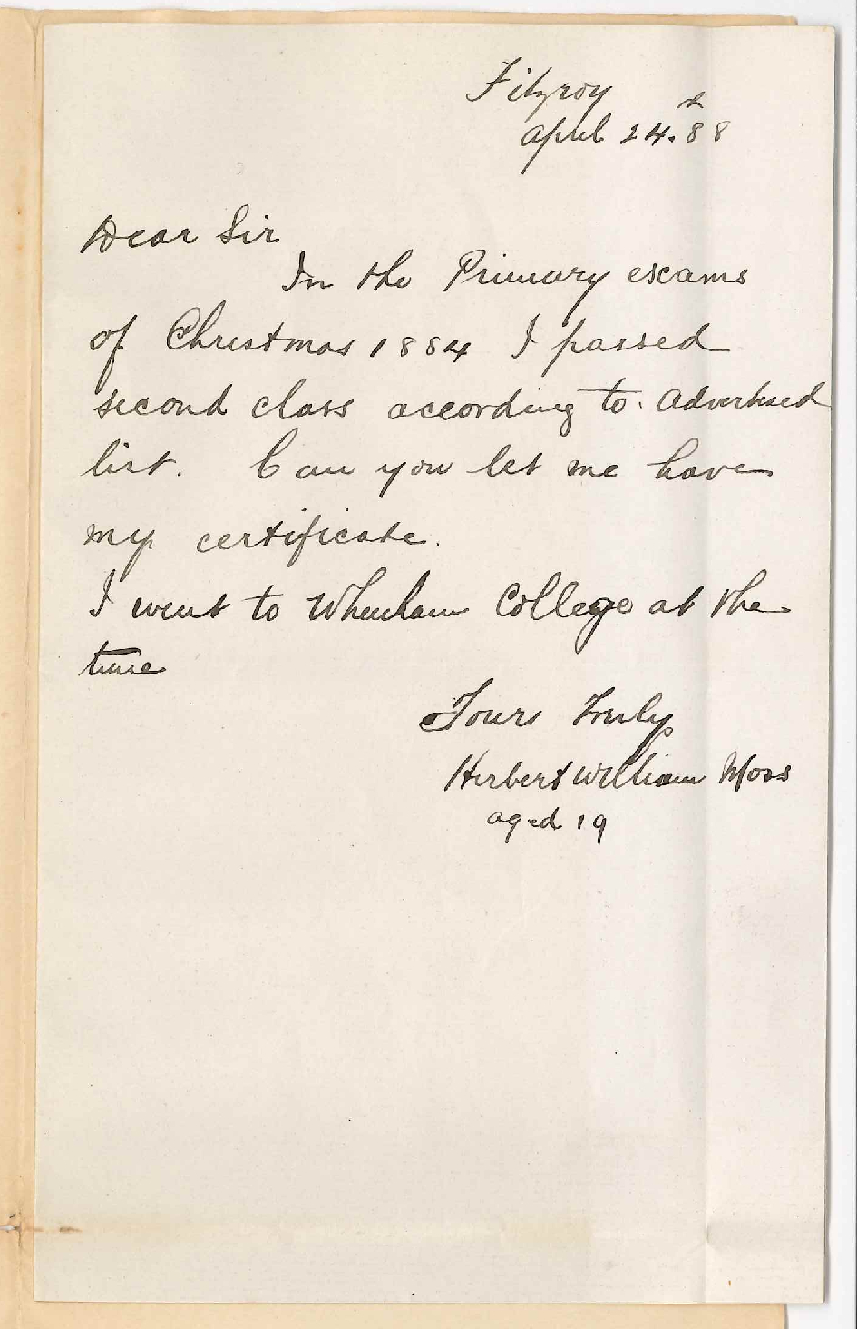 Herbert William Moss - Fitzroy Victoria - Certificate for Junior Examination in 1884