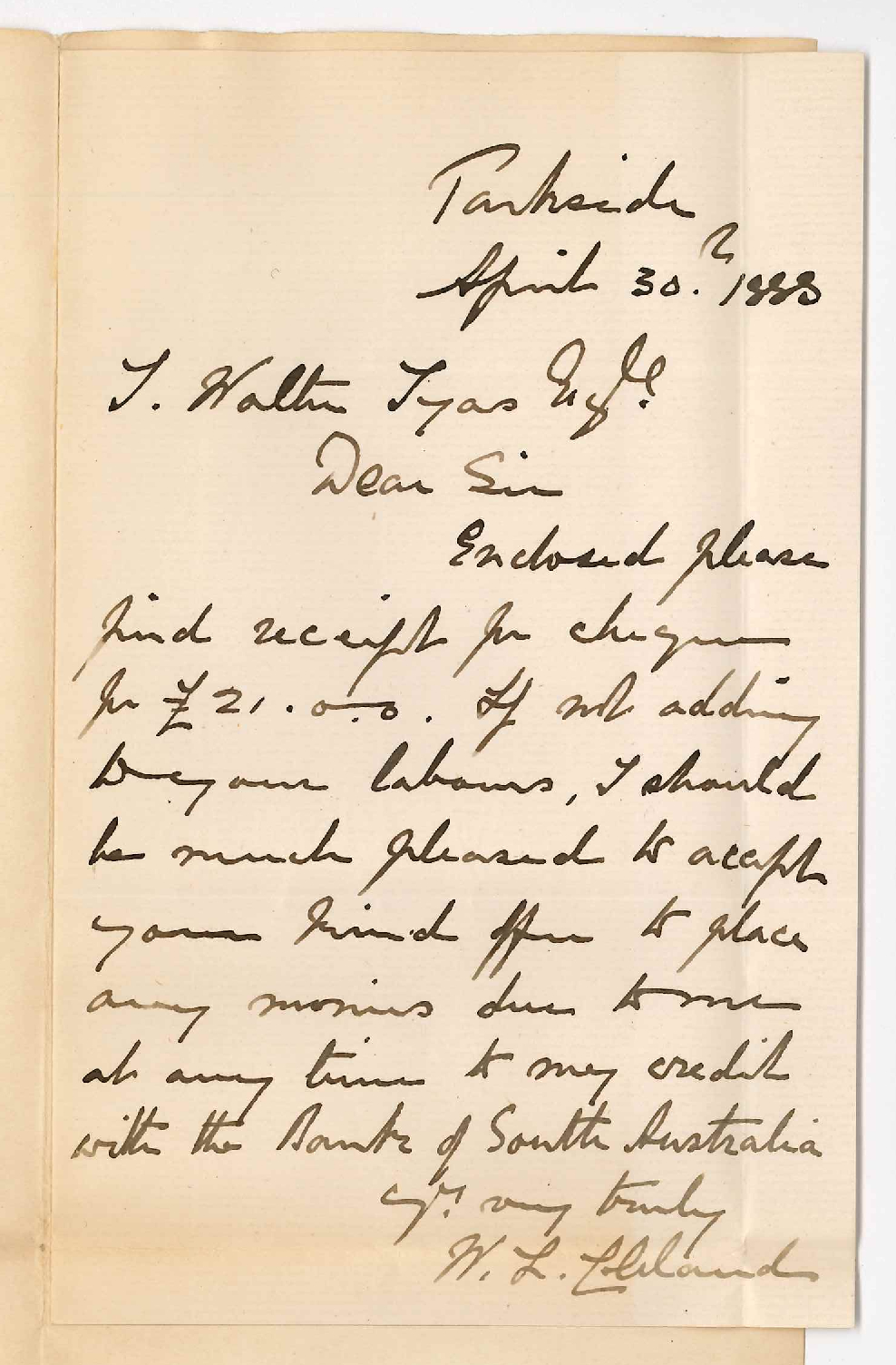 Dr William Lennox Cleland - Parkside - Salary to be Paid into Bank of South Australia