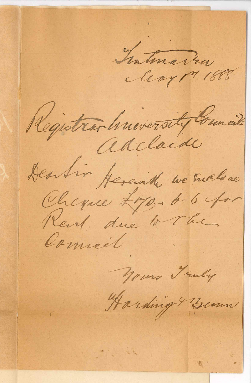 Harding and Bunn - Tintinara - Cheque Payment of Rent