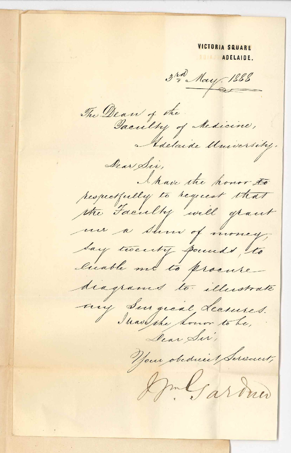 Dr William Gardner - Victoria Square Adelaide - Asking for Funds to Procure Diagrams