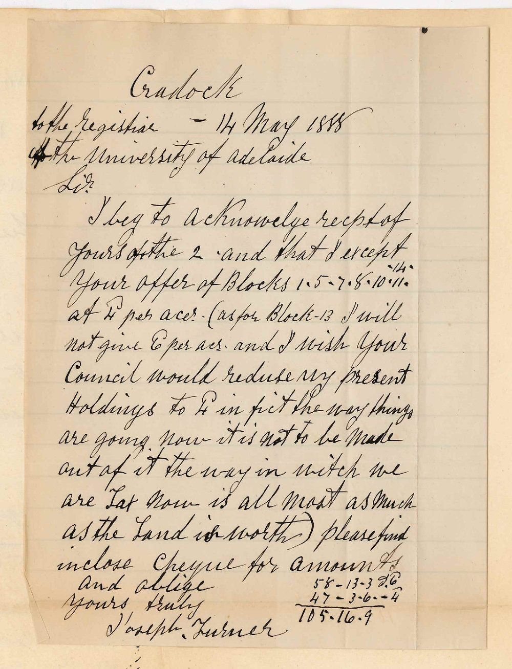 Joseph Turner - Cradock - Will Take Up Vacant Land at Wirreanda - Payment of Rent