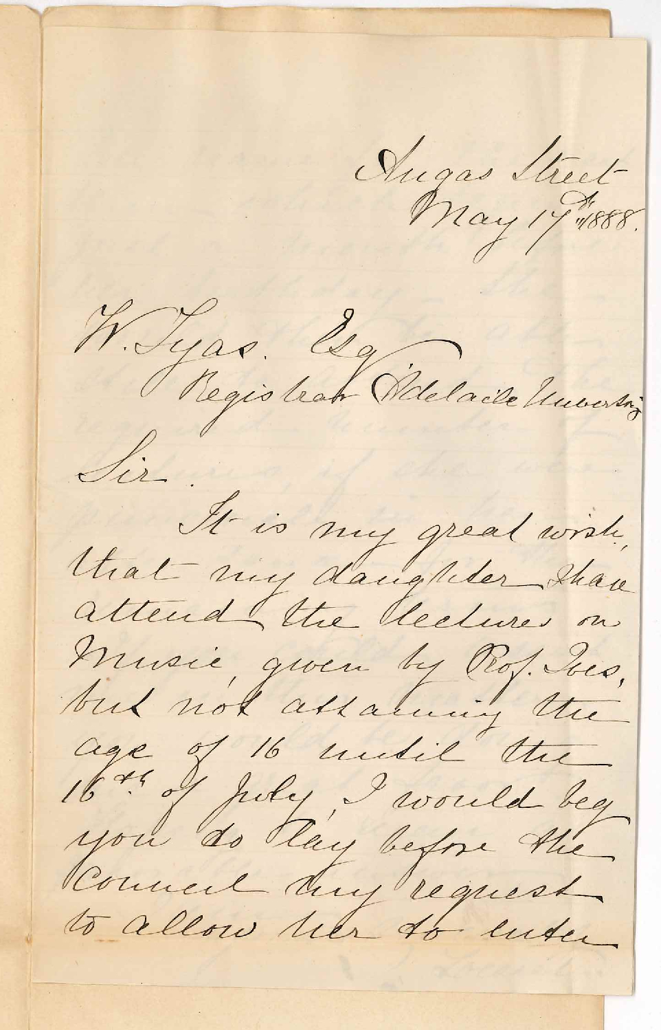 Mrs Loessel - Angas Street Adelaide - Permission for Her Daughter to Attend Music Lectures Under Age