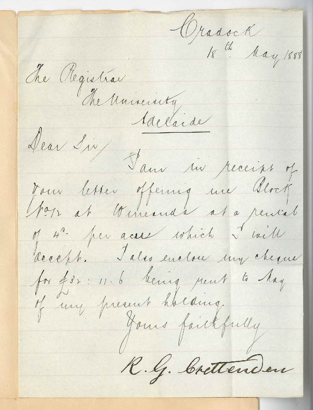 Robert George Crettenden - Payment of Rent - Accepts Wirreanda Block 12