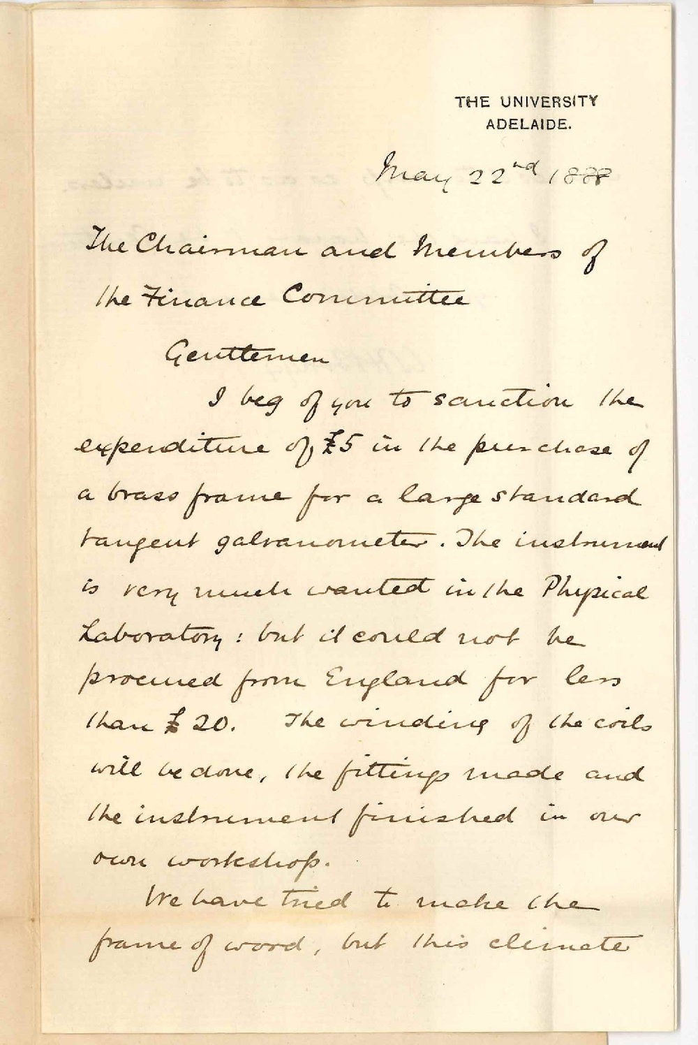 Professor William Henry Bragg - The University - Permission to Purchase Brass Frame for Standard Tangent Galvanometer Cost &pound;5