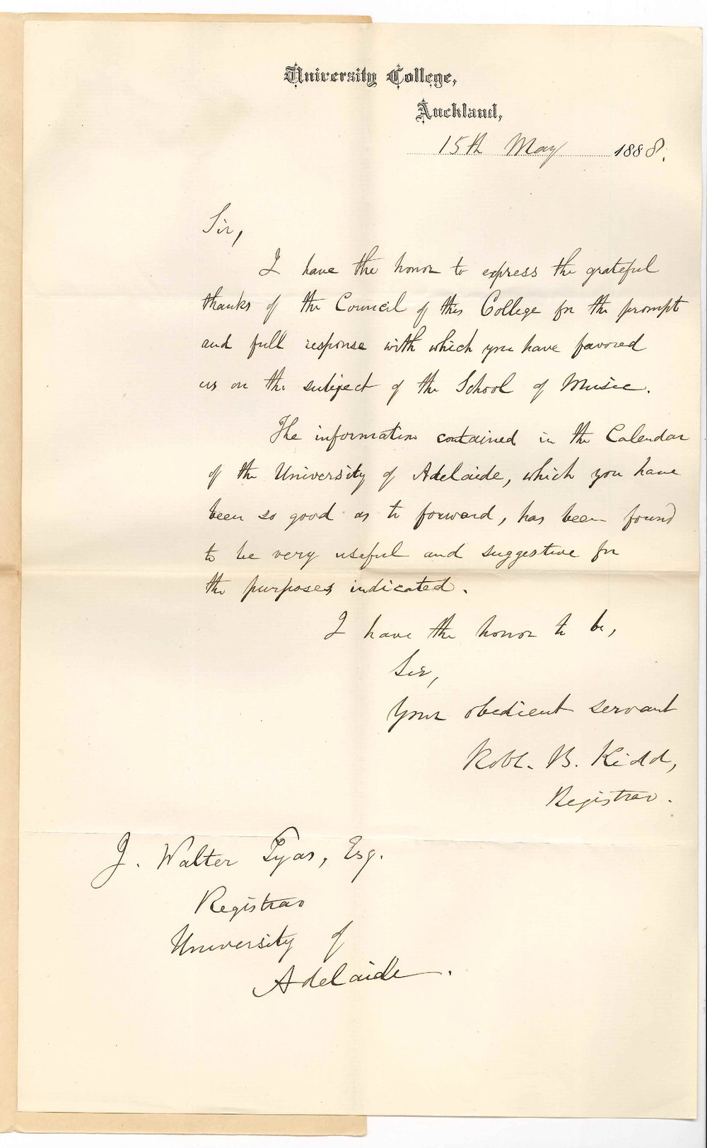 Robert B Kidd - Registrar - University College Auckland - Expressing Thanks for Information Concerning School of Music
