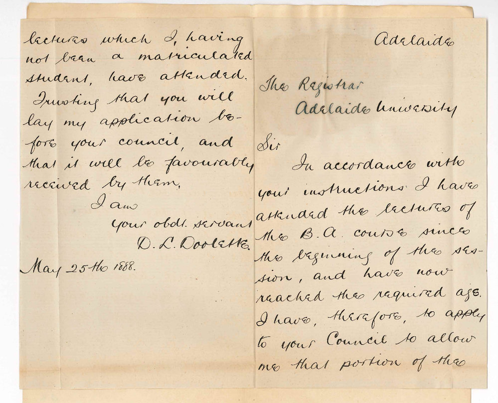Dorham Longford Doolette - Adelaide - Admission as an Undergraduate - Requesting Credit for Attendance on Lectures up to Date