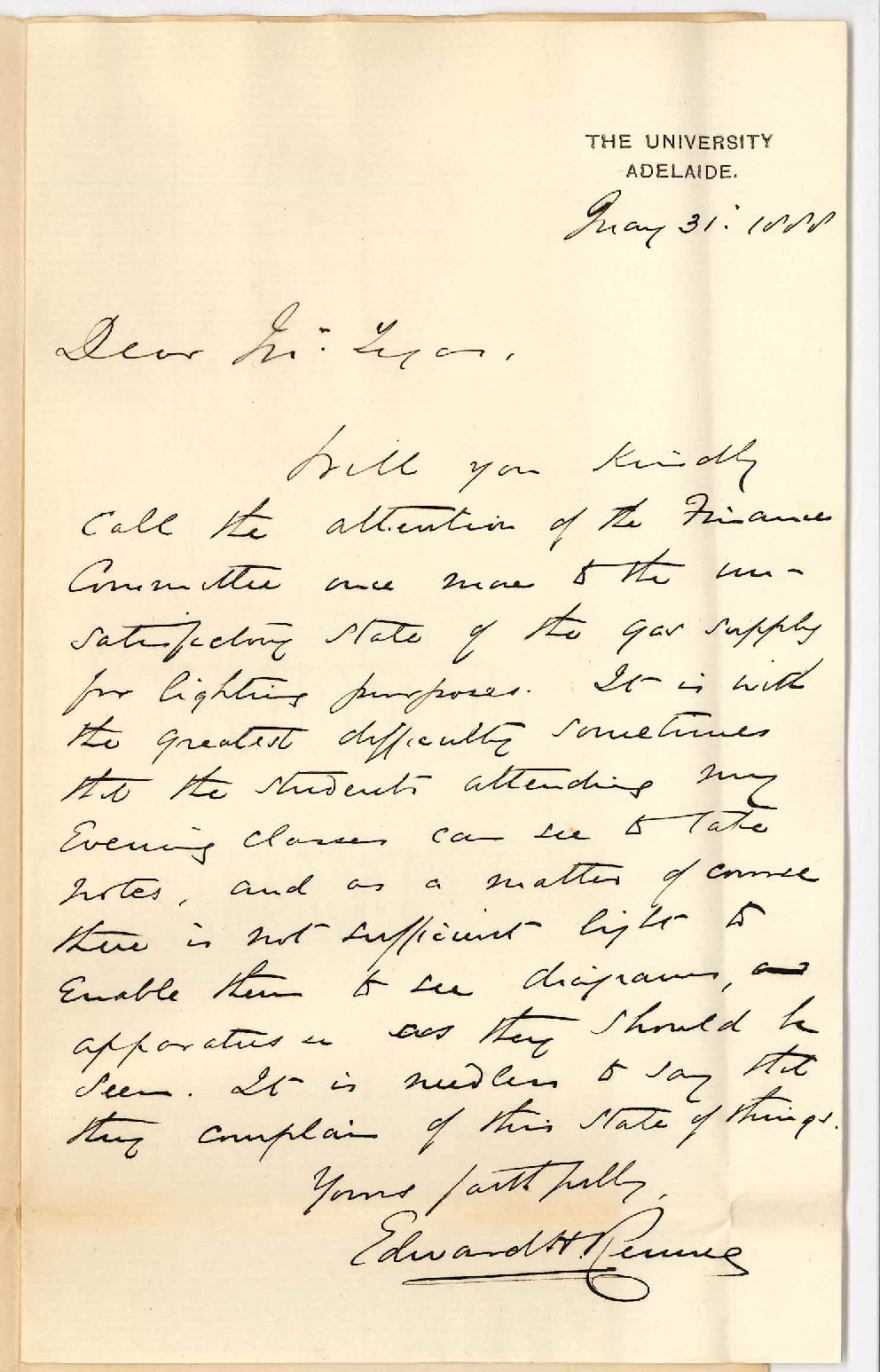 Professor Edward Henry Rennie - The University - Concerning the Gas Supply