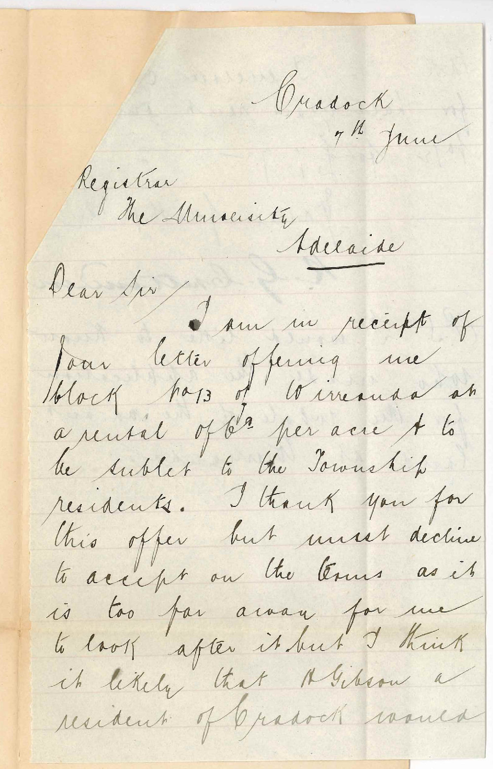 Robert George Crettenden - Cradock - Refuses Block 13 Wirreanda - Forwards Rent for Block 12