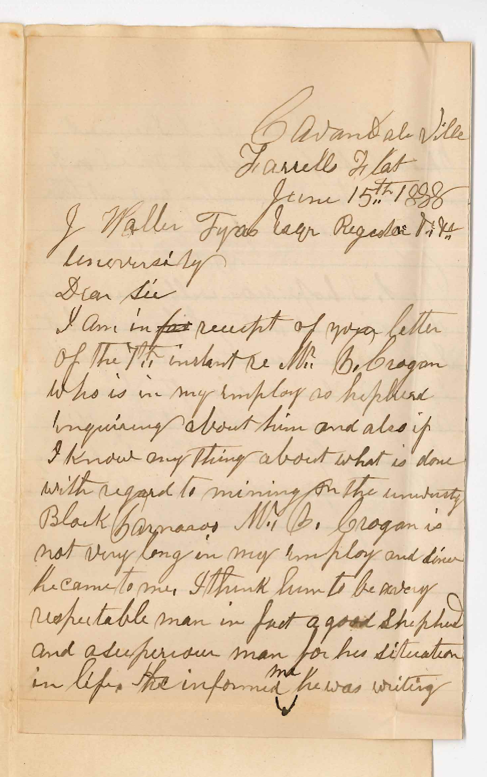 Patrick Dowd - Farrells Flats - Concerning Mr Croghan and Minerals on University Land at Parnaroo