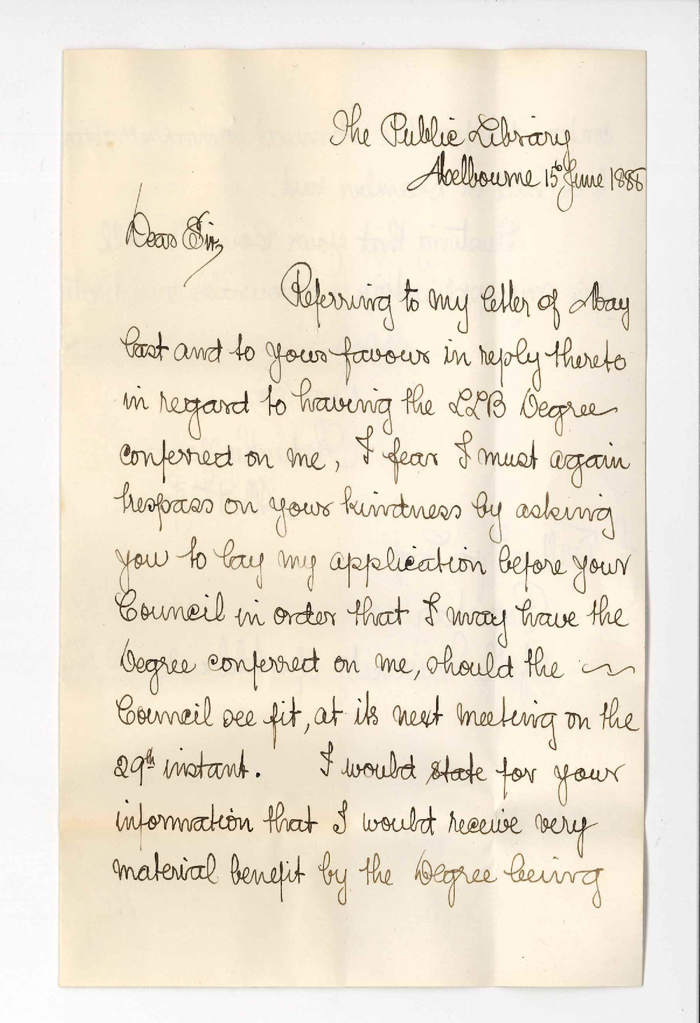 Albert E Jones - The Public Library - Melbourne - Desire to Take LLB Degree Before the Commemoration