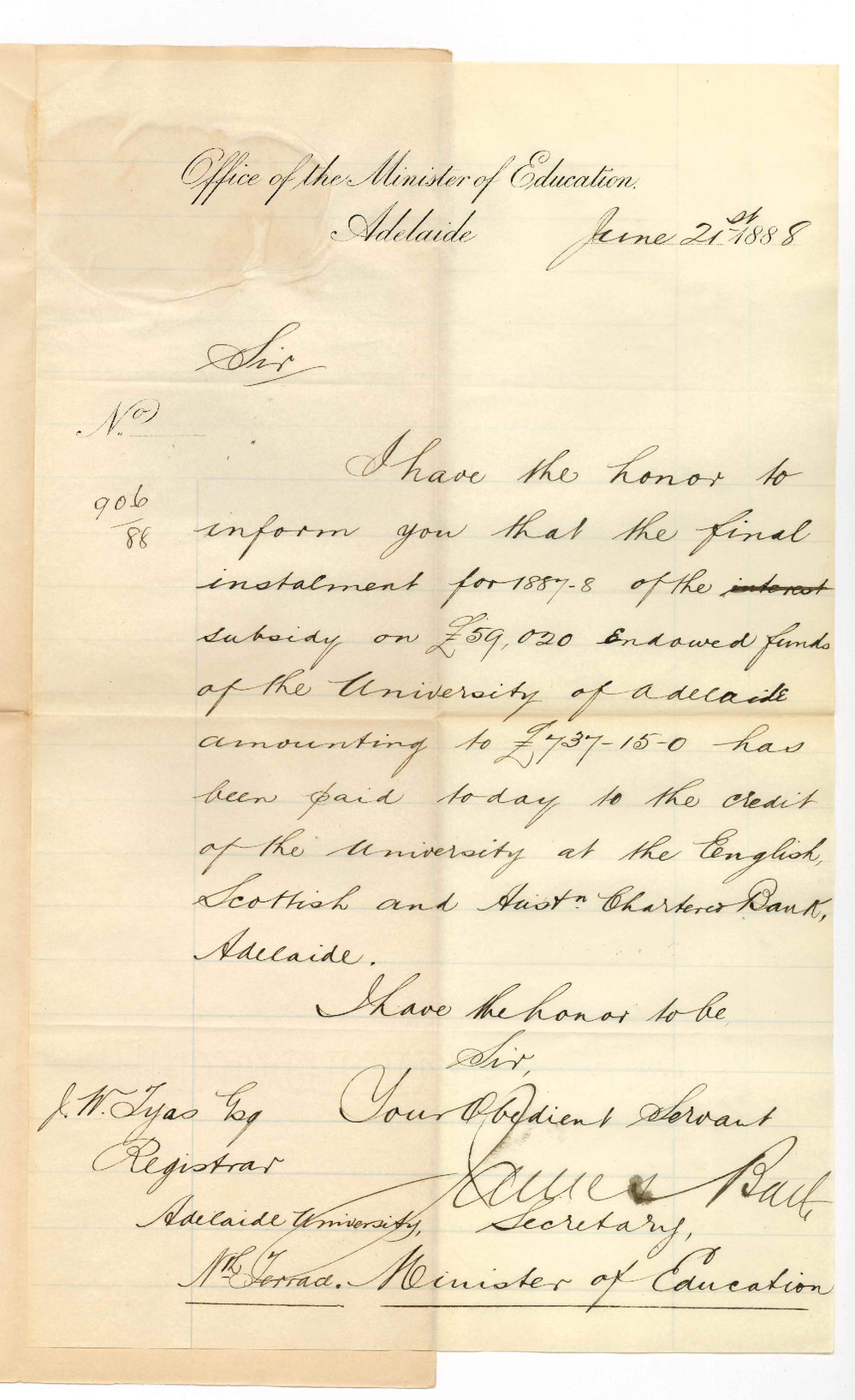 James Bath - Secretary - Office of the Minister of Education - Adelaide - Payment of Quarter's Subsidy