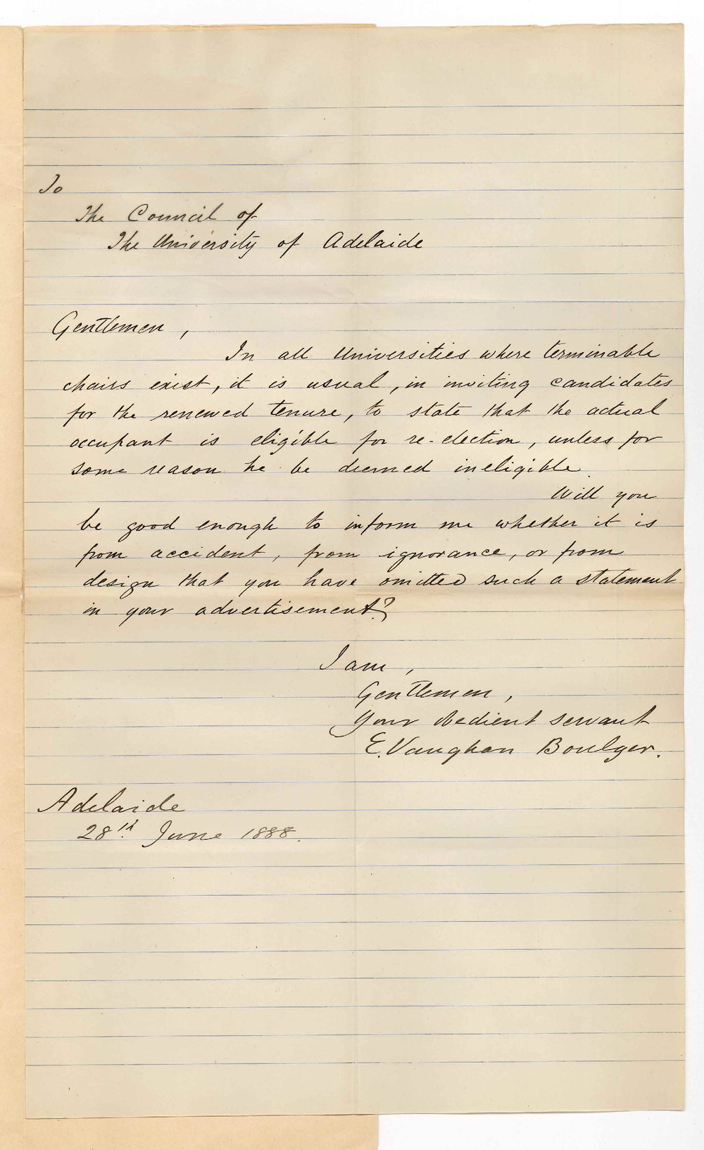 Professor Edward Vaughan Boulger - The University - Concerning Advertisement for Hughes Professor of English Language