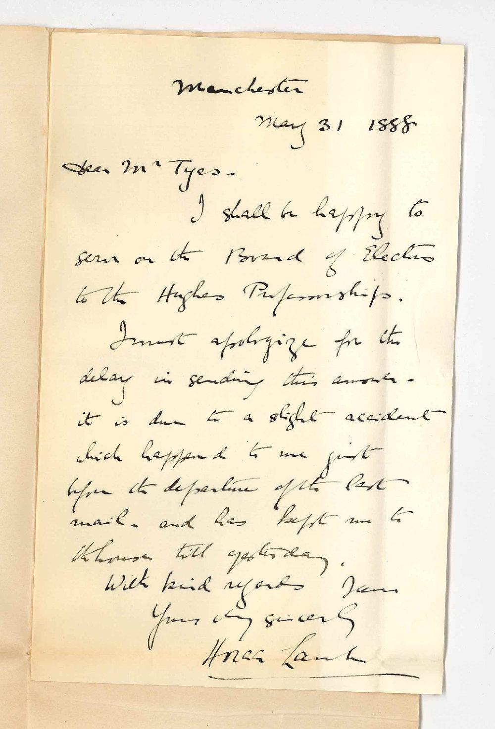 Professor Horace Lamb - Manchester - Promising to Act on Board of Selection for Hughes Professor