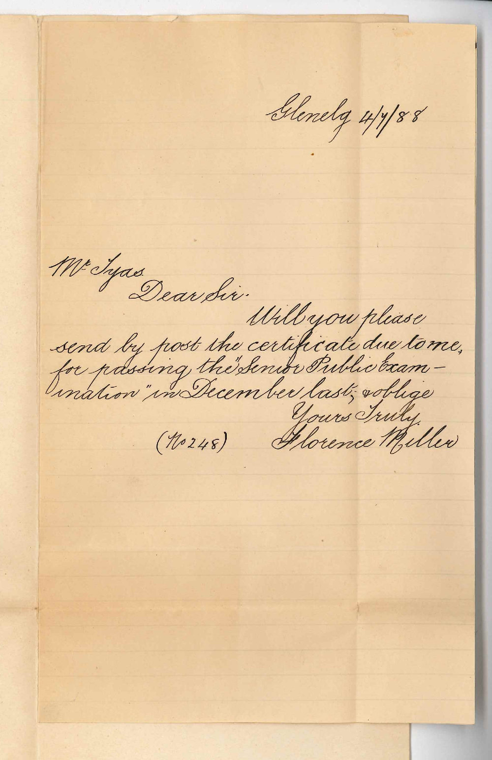 Miss Florence Miller - Glenelg - Certificate for Senior Public Examination