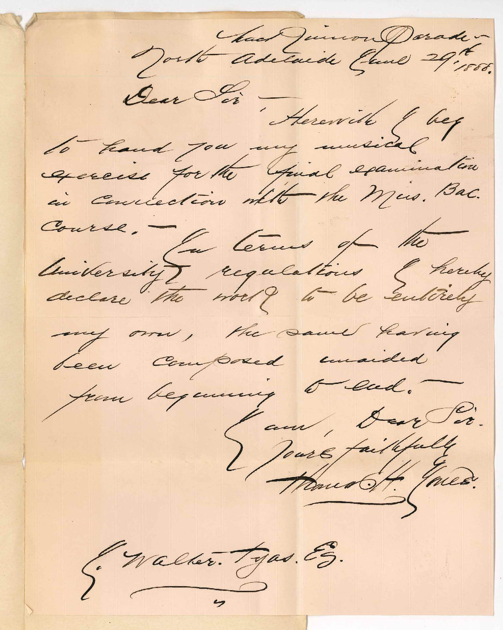 Thomas Henry Jones - North Adelaide - Musical Composition for Music of Bachelor Degree Declaration