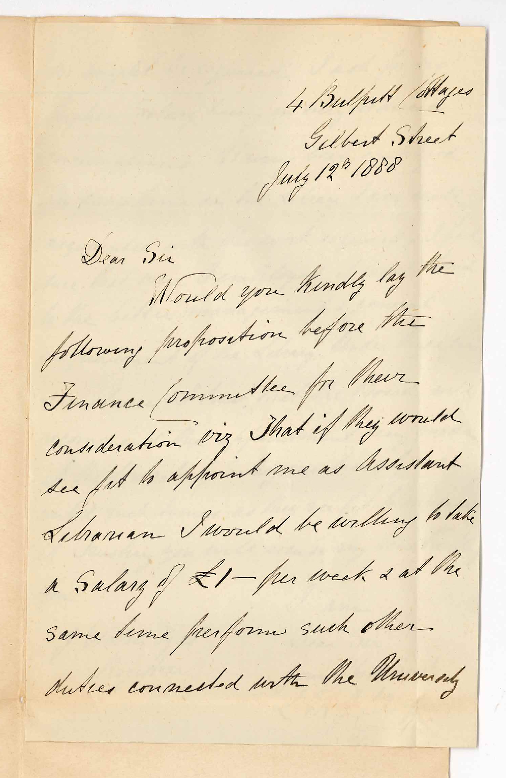 Captain L M J Carey - Gilbert Street Adelaide - Offering Himself for Employment at &pound;1 per week