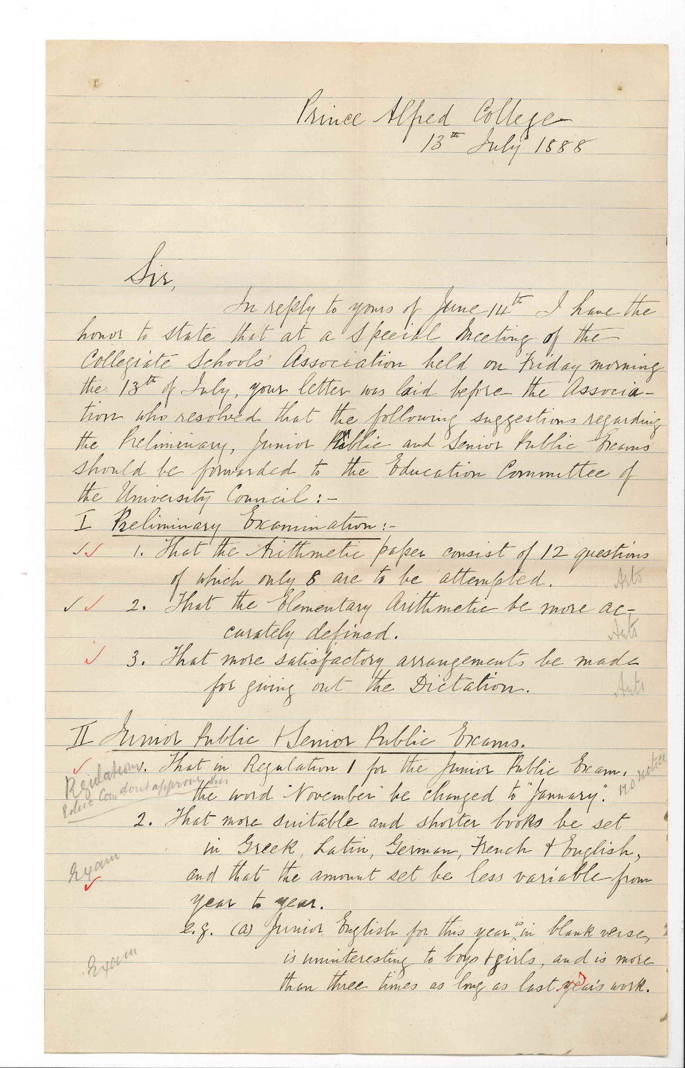 Joseph T Sunter - Secretary Collegiate Schools Association - Prince Alfred College - Public Examinations Regulations