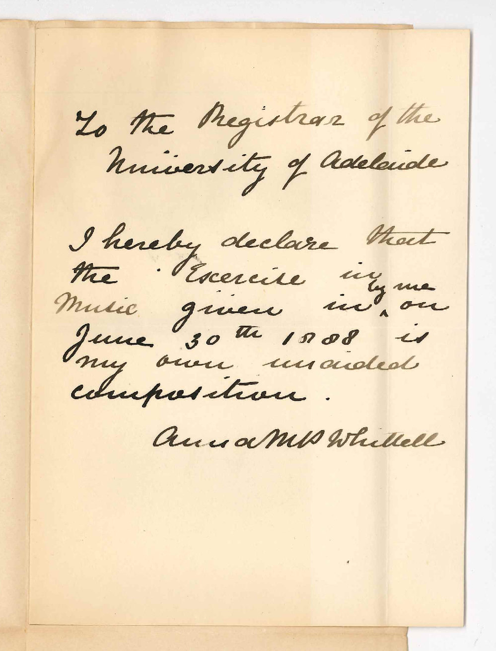 Miss Anna Maria Whittell - Adelaide - Music of Bachelor Composition Declaration