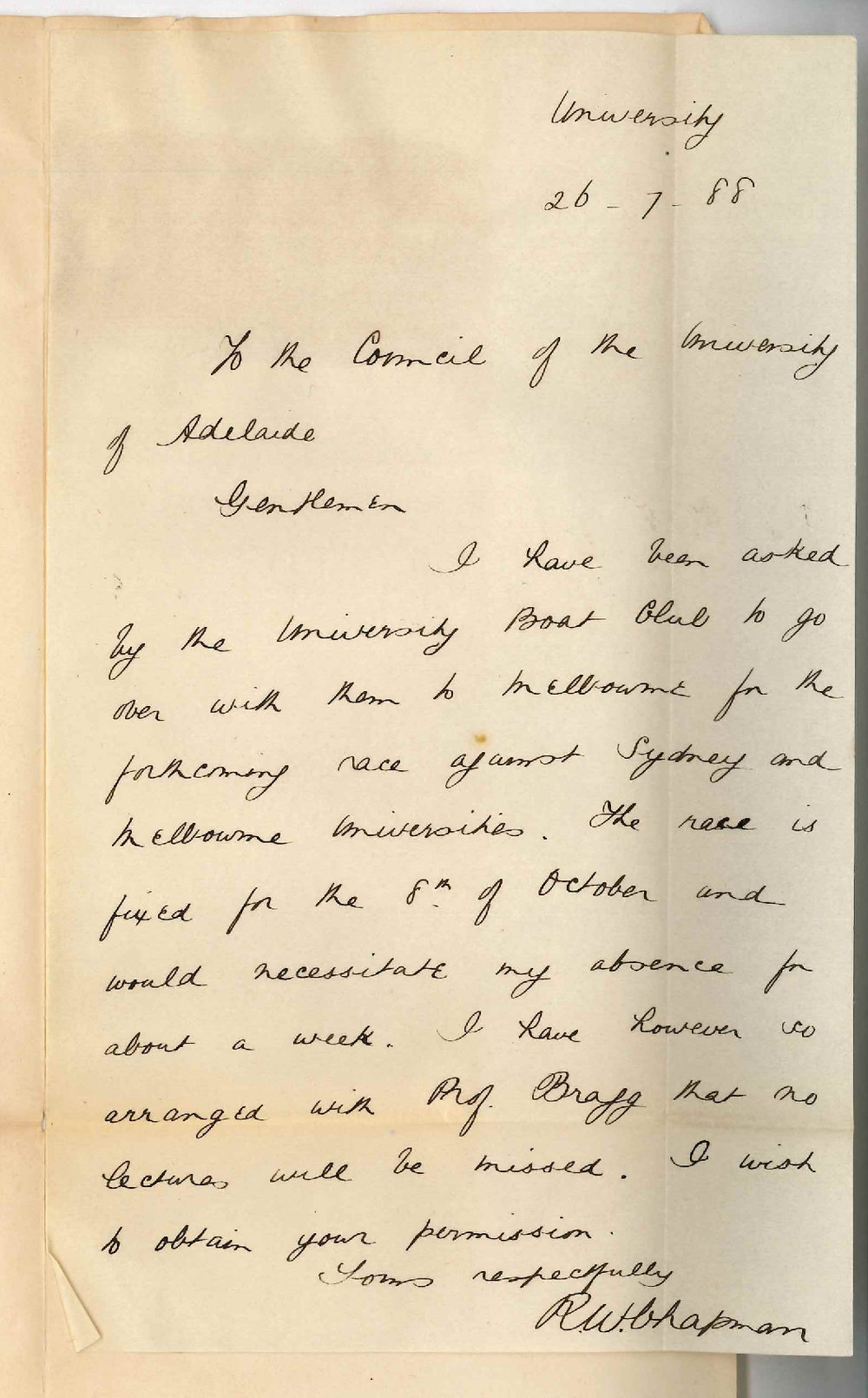 Robert William Chapman - The University - Requesting Permission to go to Melbourne with University Boat Club