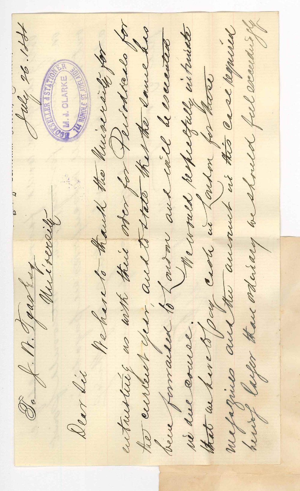 Messrs M J Clarke - Rundle Street Adelaide - Asking for Advance of &pound;25 on Account of Periodicals