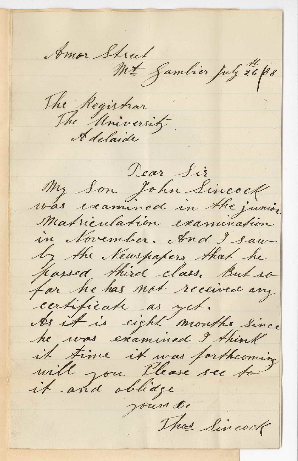 Thomas Sincock - Mount Gambier - Asking for Son's [John Sincock] Certificate for November 1887