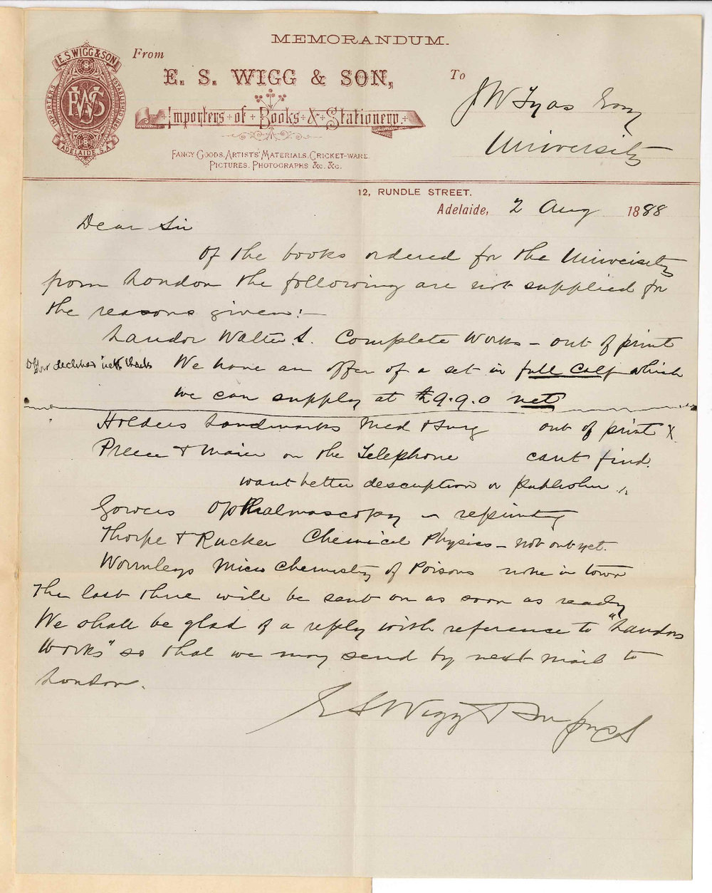 Messrs E S Wigg and Son - Rundle Street Adelaide - Books Ordered from London Unable to Procure Some