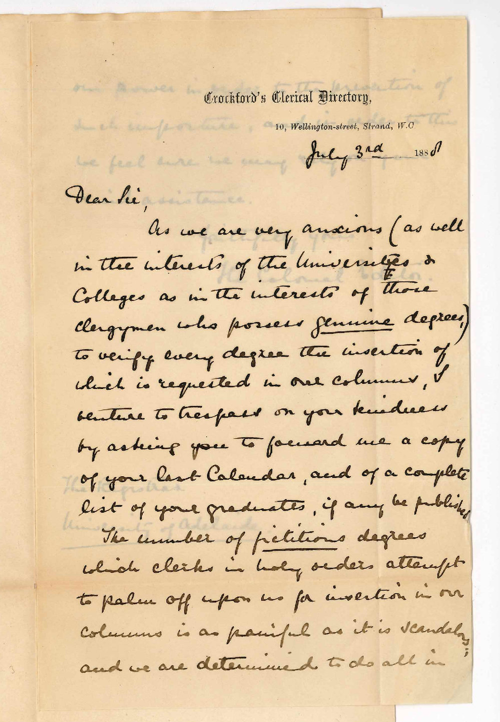 The Colonial Editor - Crockford's Clerical Directory - London - Asking for University Calendar for 1888