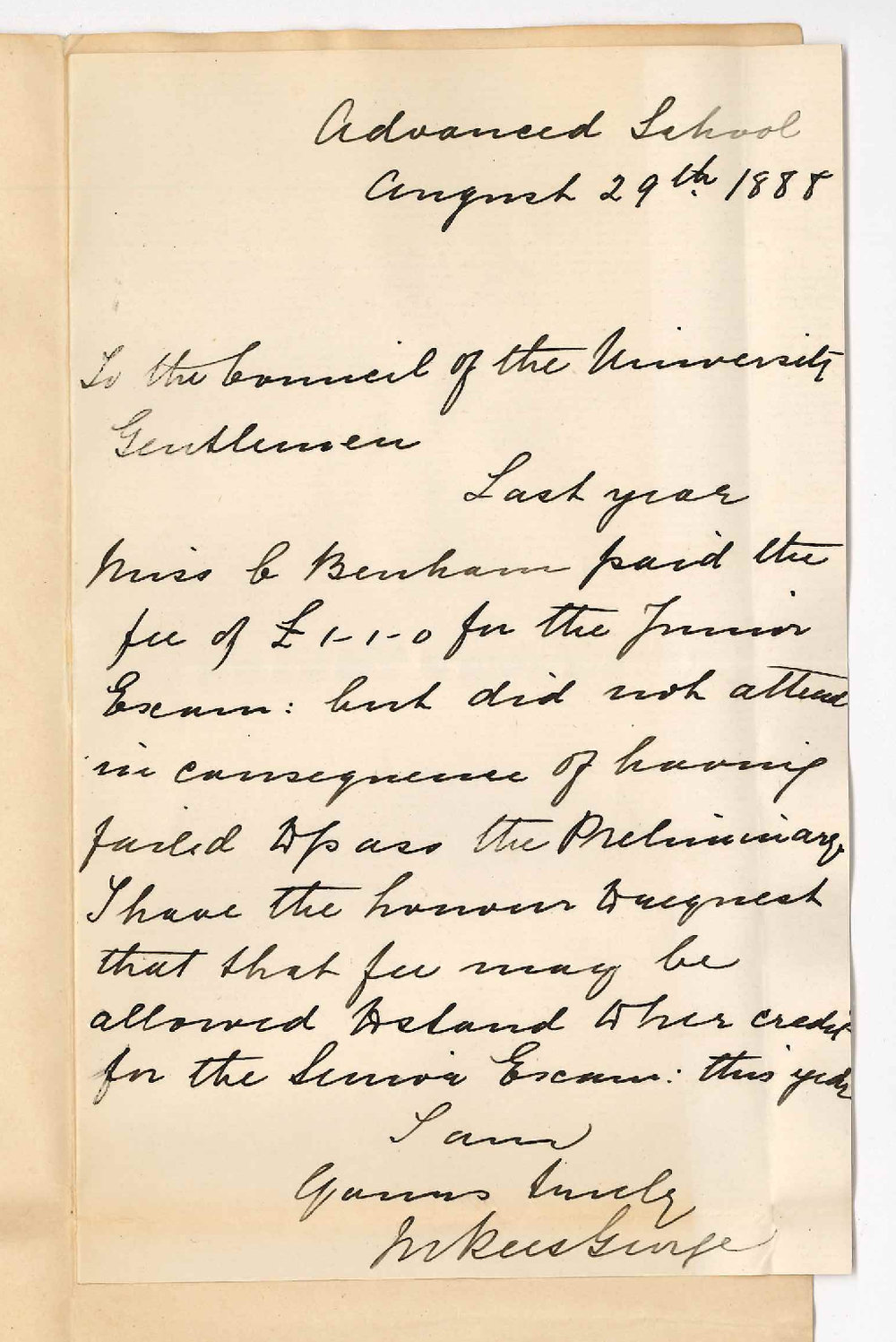 Miss Madeline Rees George - Advanced School - Concerning Transfer of Fee for Junior Examination to Senior Examination