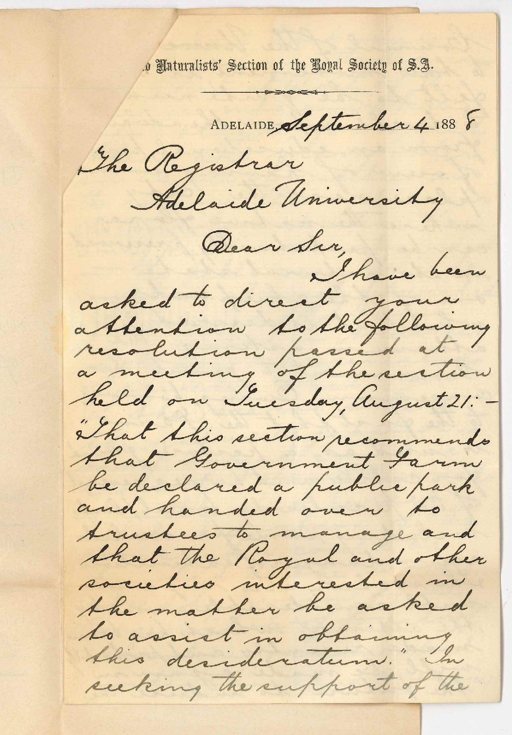W H Selway - Field Naturalists' Section of the Royal Society of SA - Adelaide - Concerning Appropriation of Government Farm as a Public Park