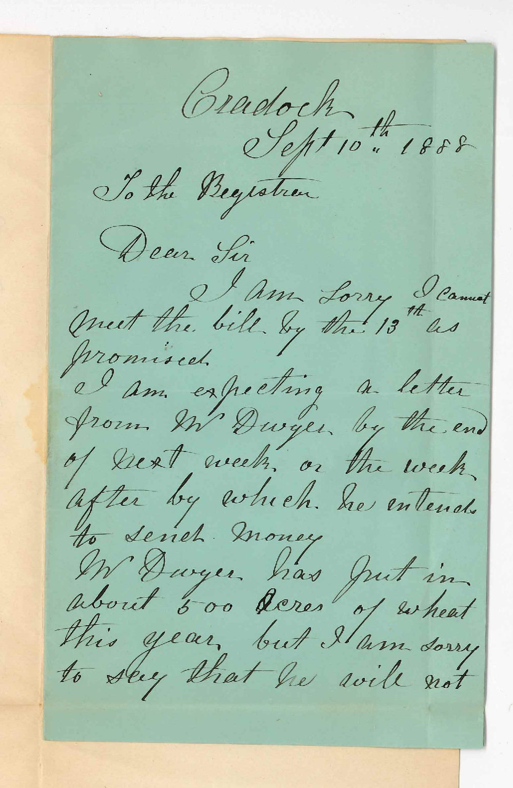 Mrs Elizabeth Dwyer - Cradock - Mr Dwyer Unable to Meet Acceptance Due to Drought and Grasshoppers