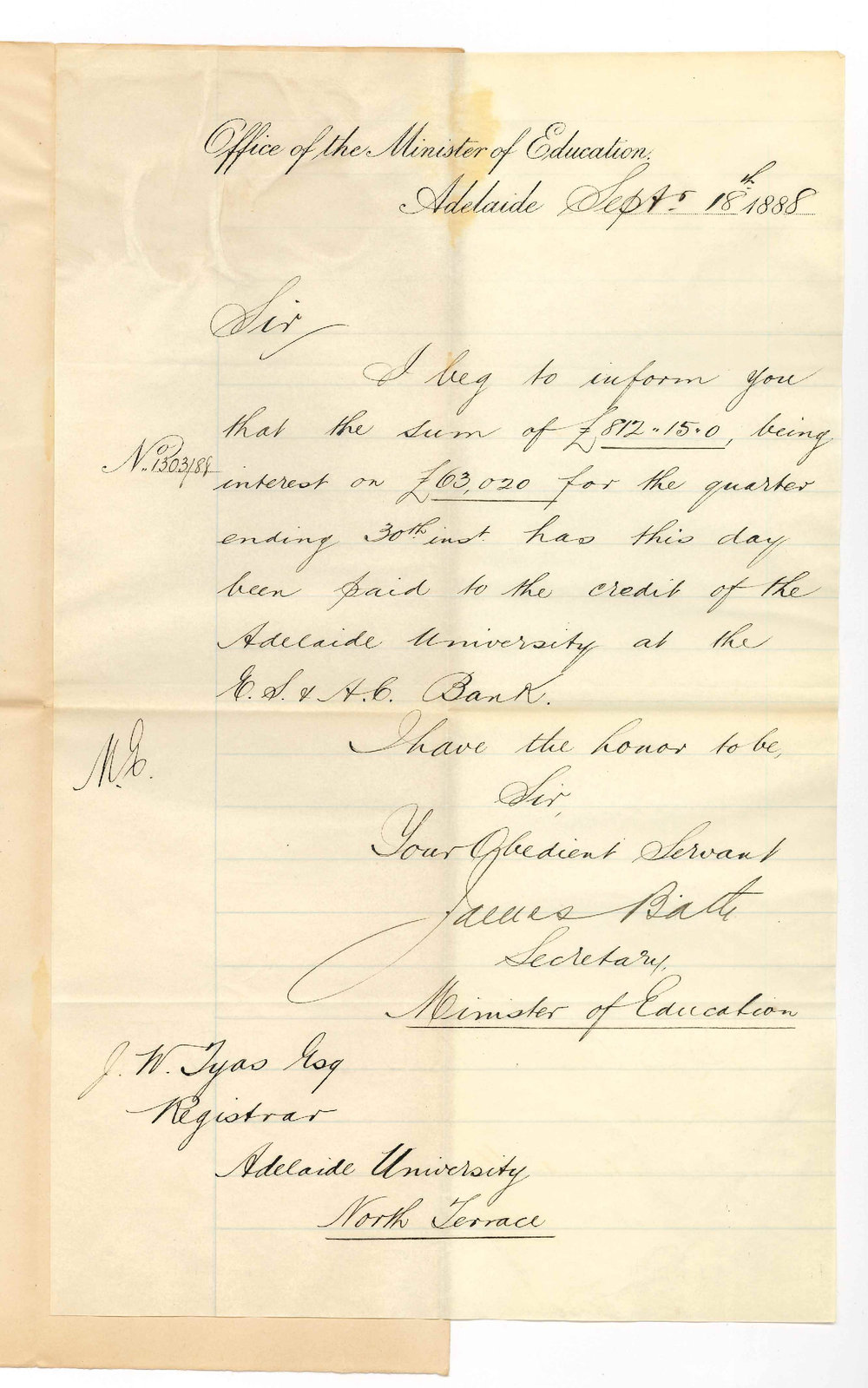 James Bath - Secretary - Office of the Minister of Education - Adelaide - Quarters Interest on Endowments