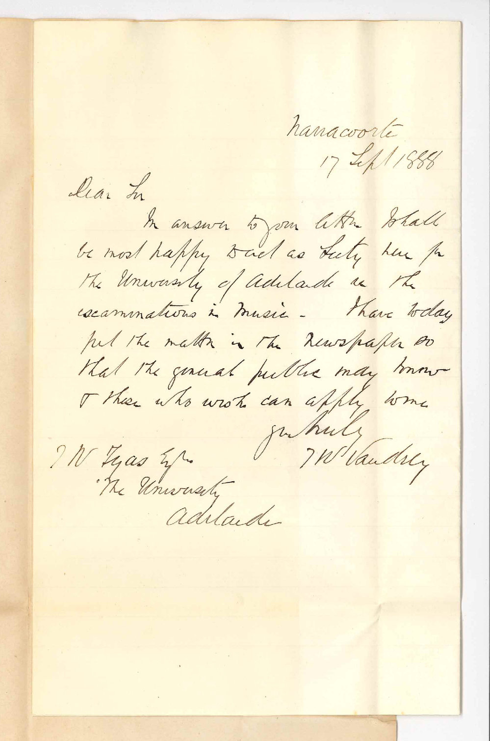 T W Vaudrey - Narracoorte - Will Act as Supervisor for Local Examinations in Music