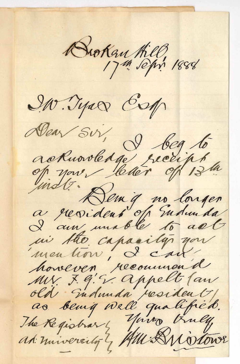 H M Bristowe - Broken Hill - Cannot Act as Supervisor for Local Examinations at Edunda