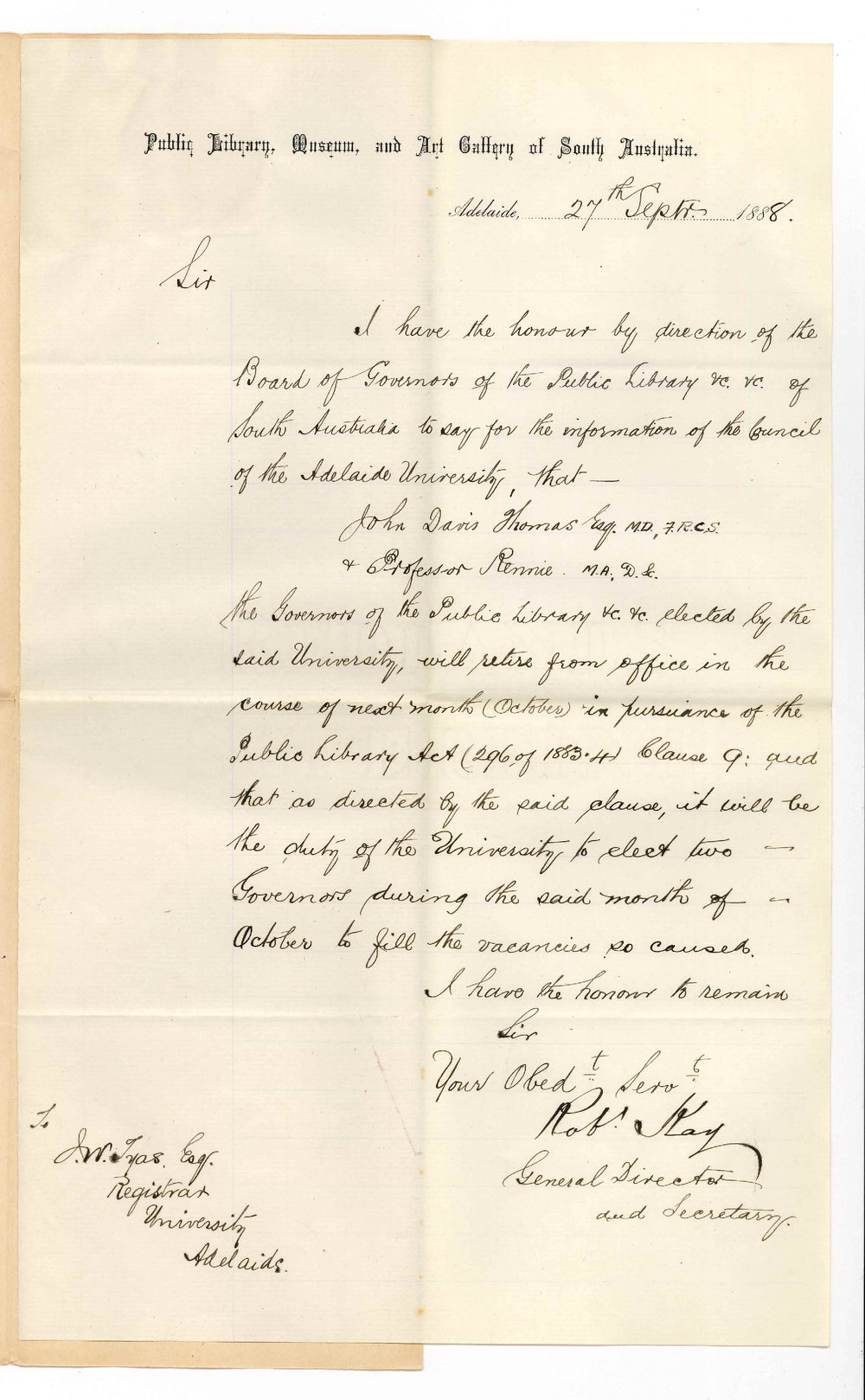 Robert Kay - Public Library Museum and Art Gallery of South Australia - Representatives on Board of Governors of the Public Library