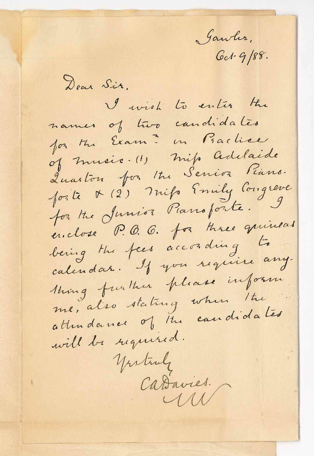 C A Davies - Gawler - Candidates for Practice of Music Examination