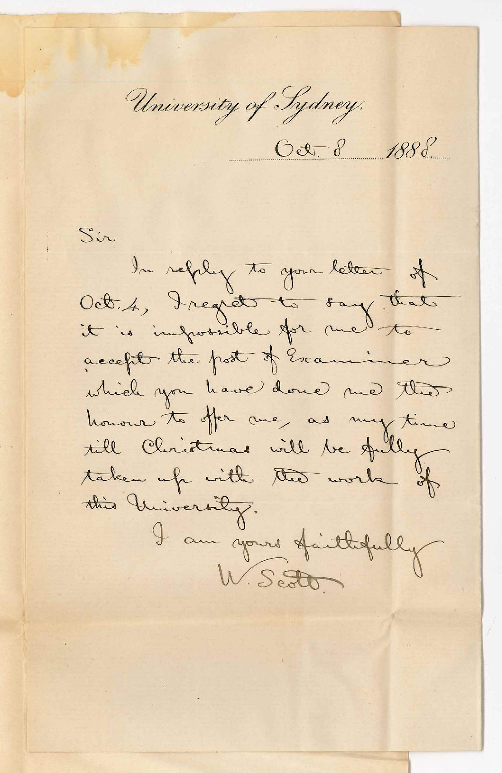 Professor W Scott - University of Sydney - Cannot Act as Additional Examiner in Classics