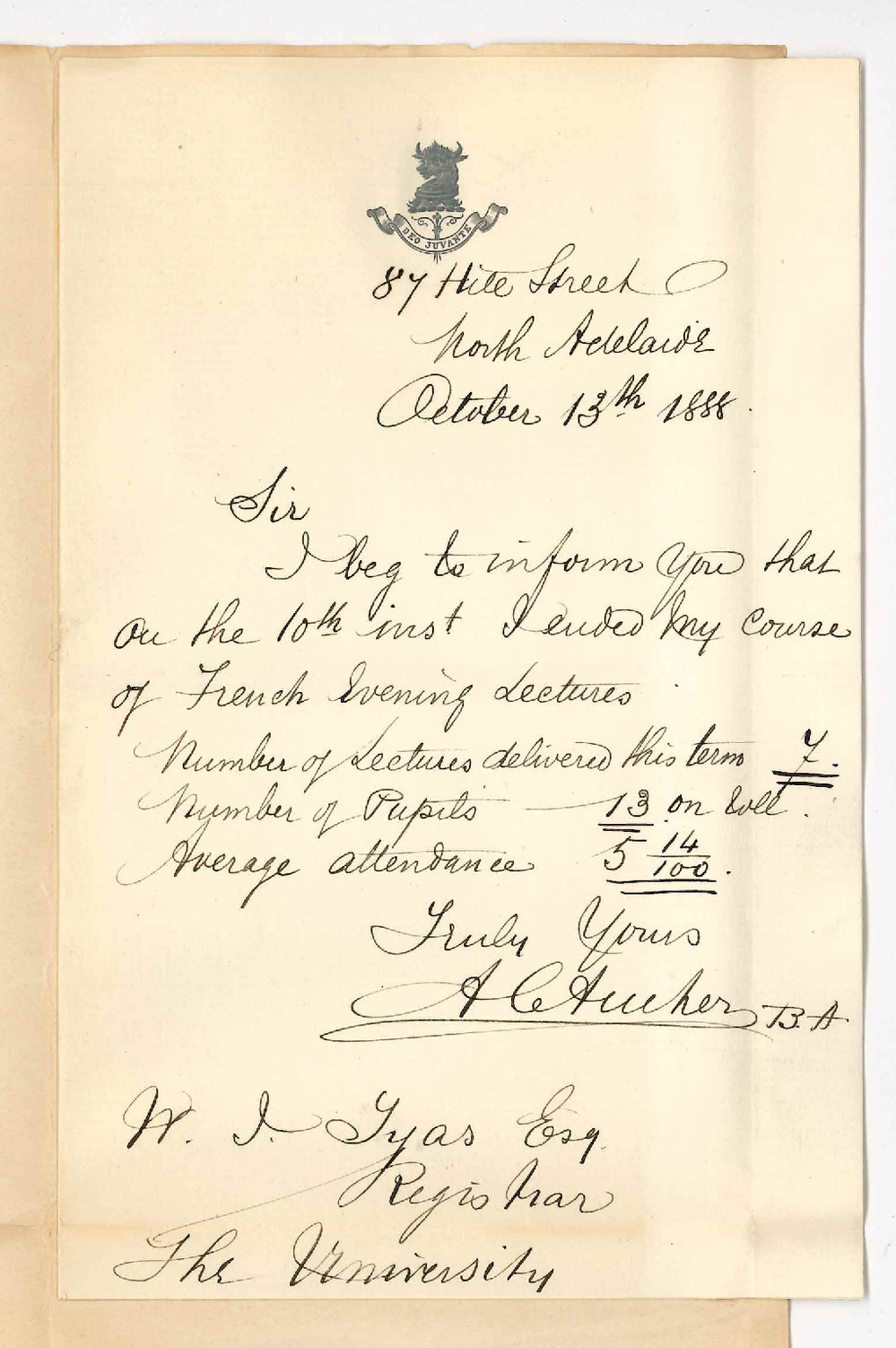 A C Archer - North Adelaide - Completion of Course of French Lectures