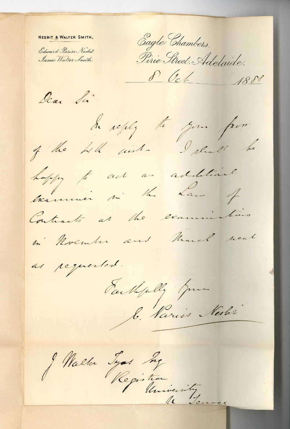 Edward Pariss Nesbit - Adelaide - Will Examine in Law of Contracts