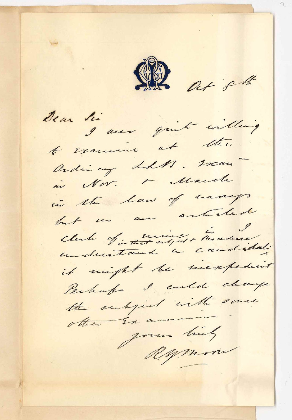 R G Moore - Adelaide - Unable to Examine in Wrongs as Clerk Going Up for Examination