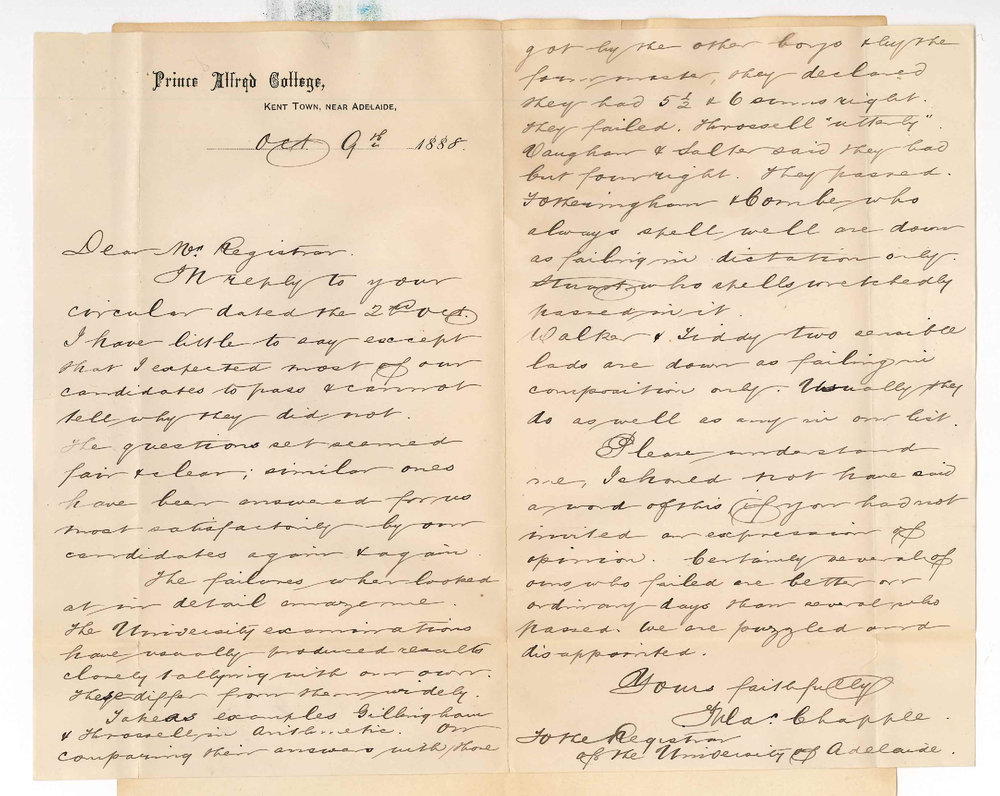 Frederic Chapple - Prince Alfred College - Failure of Candidates at Preliminary Examination