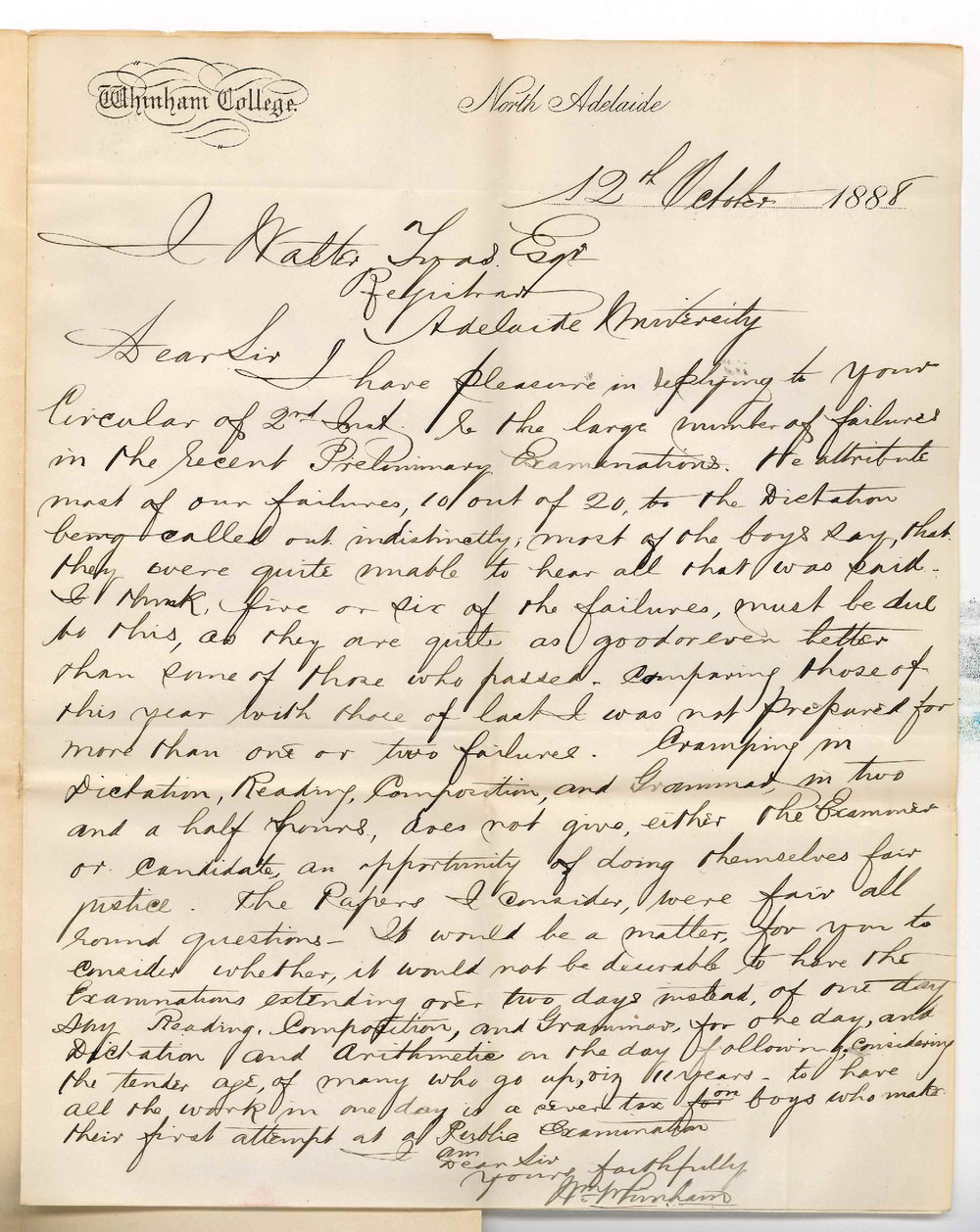 William Whinham - Whinham College - North Adelaide - Failure of Candidates at Preliminary Examination