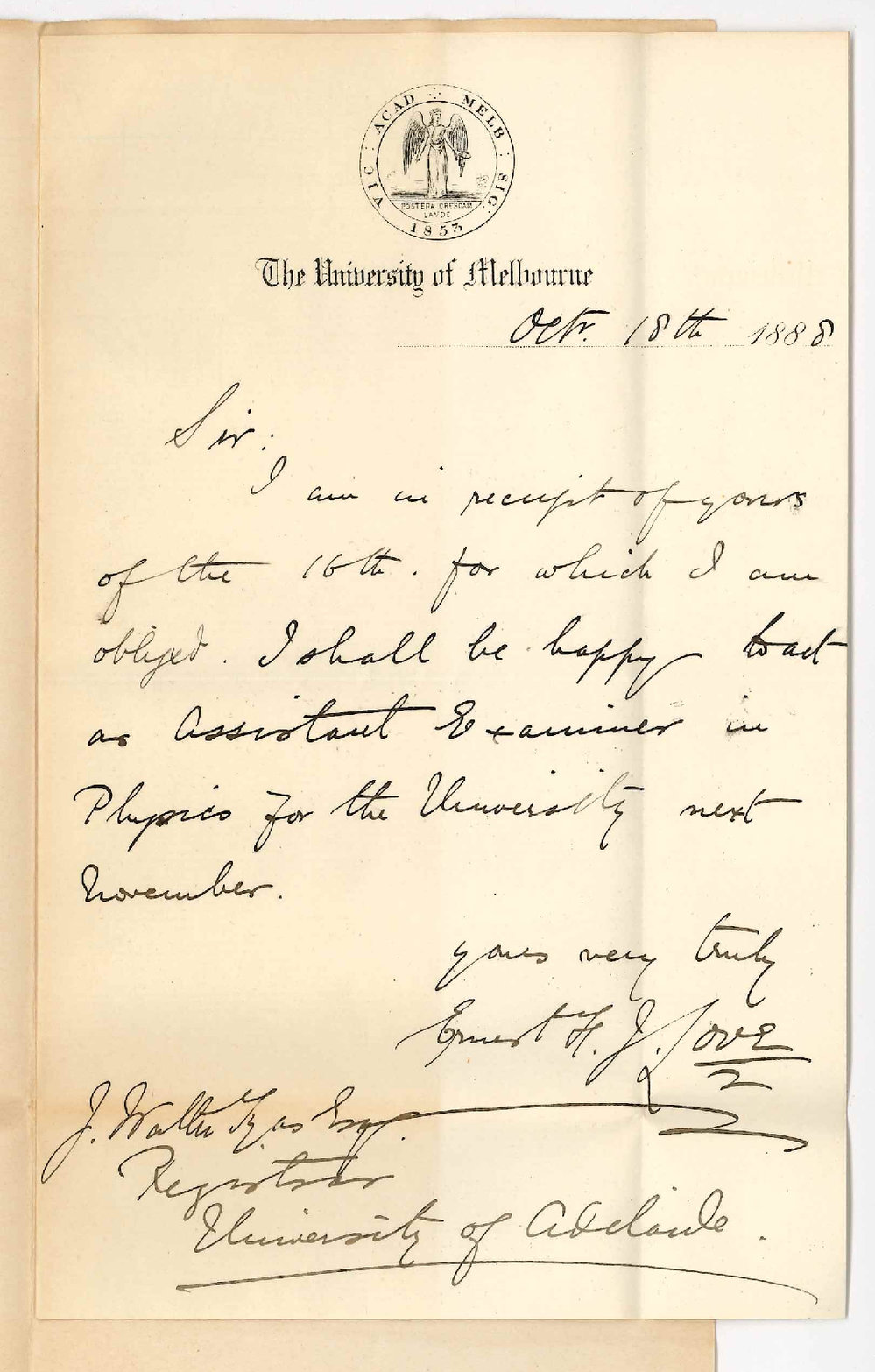 Ernest Frederick John Love - University of Melbourne - Will Act as Additional Examiner in Physics for BSc Degree