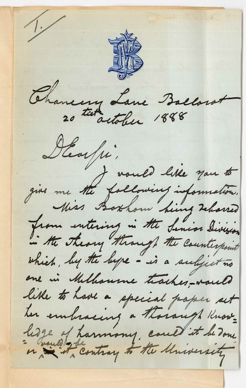 J Boxhorn - Ballarat - Senior Theory of Music and Special Examination for Miss Boxhorn